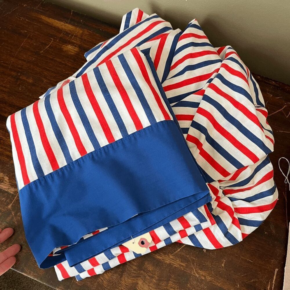VTG Pequot Nautical Stripe Sheet Set Full Coastal Preppy USA Muslin